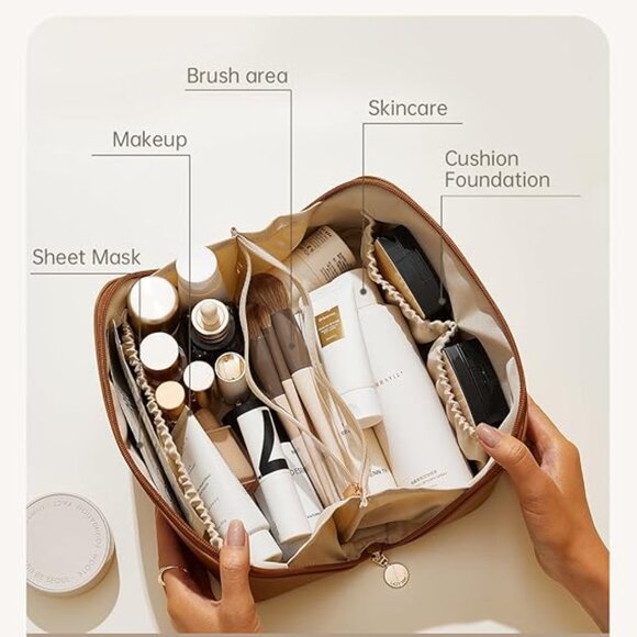 Women AA-Brown Large Capacity Cosmetic Travel Makeup Waterproof Portable Bag - Picture 2 of 6